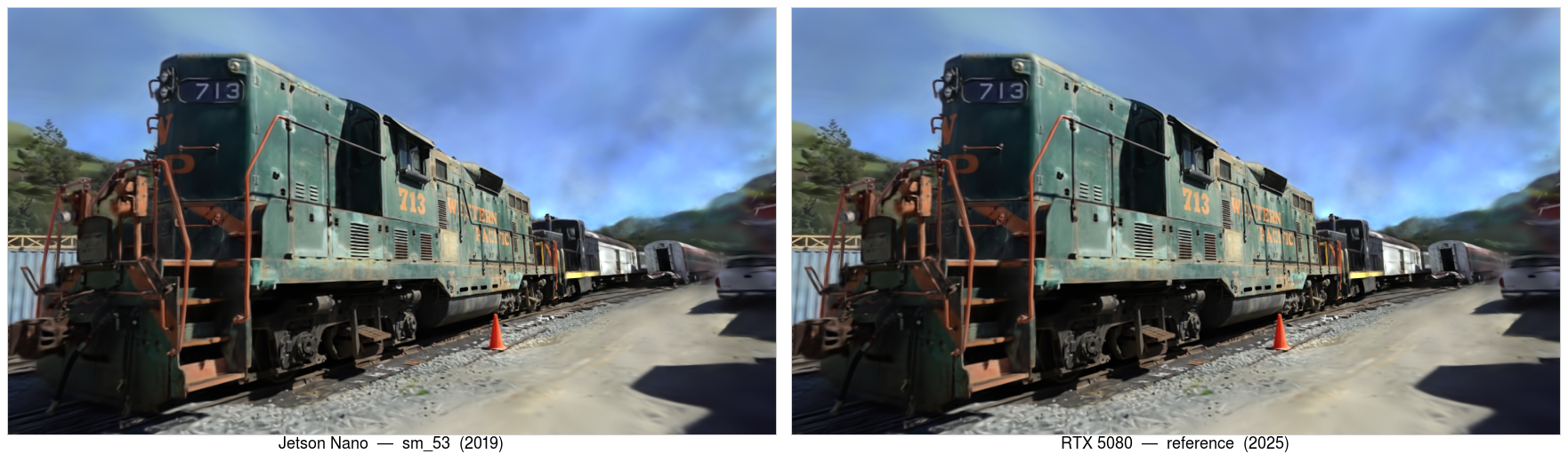 left: the Nano sm_53 port; right: the RTX 5080 reference. Same scene, same camera, a decade of hardware apart, and indistinguishable.