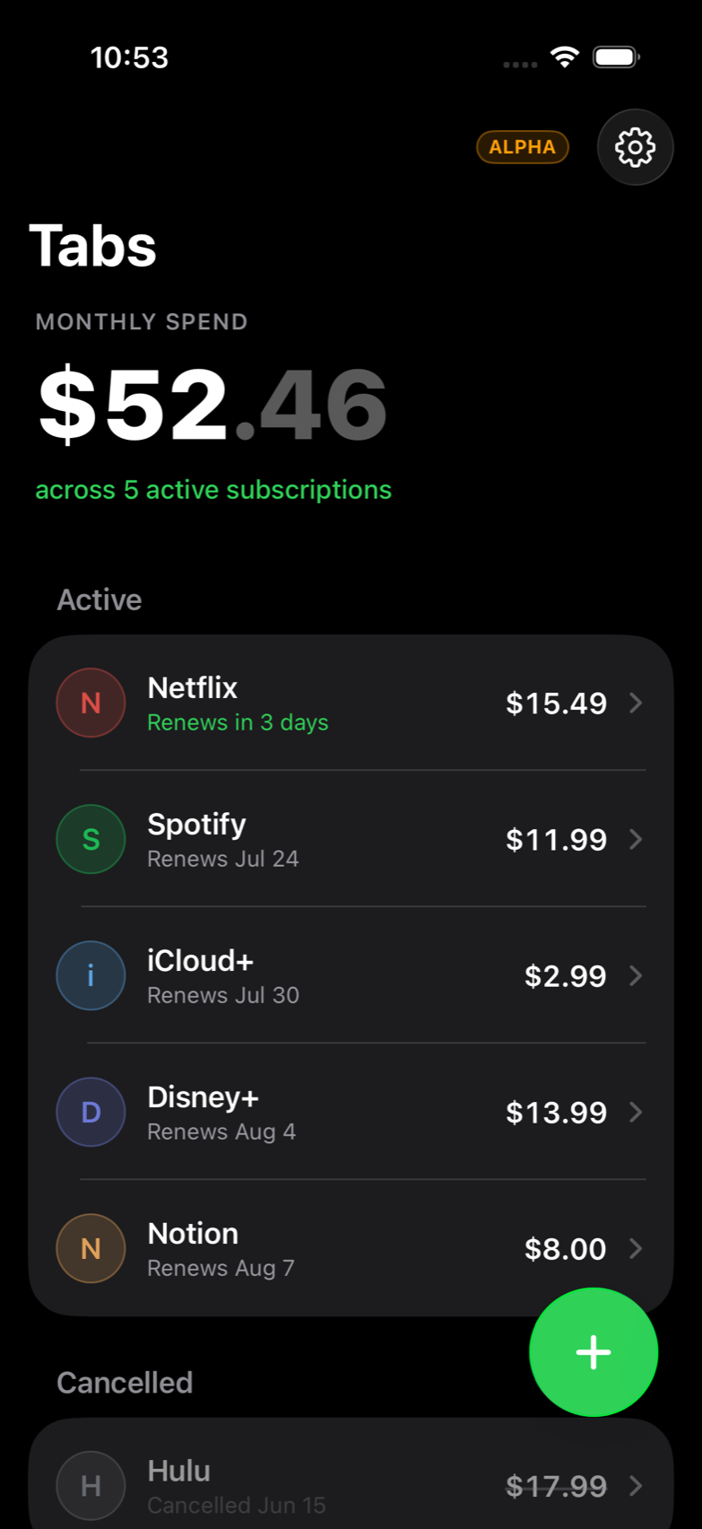 The Tabs home screen, showing total monthly spend across active subscriptions