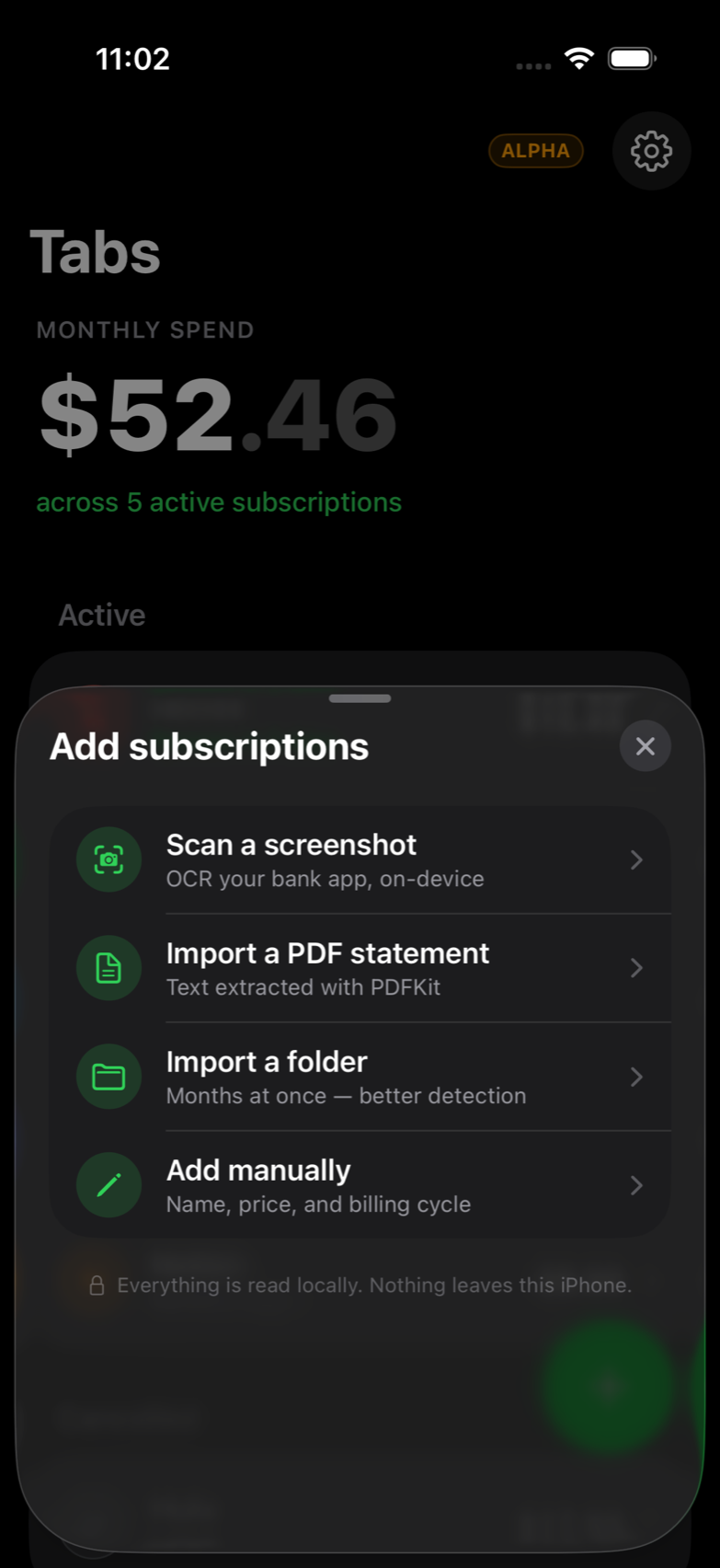 The import sheet: scan a screenshot, import a PDF, import a folder, or add manually