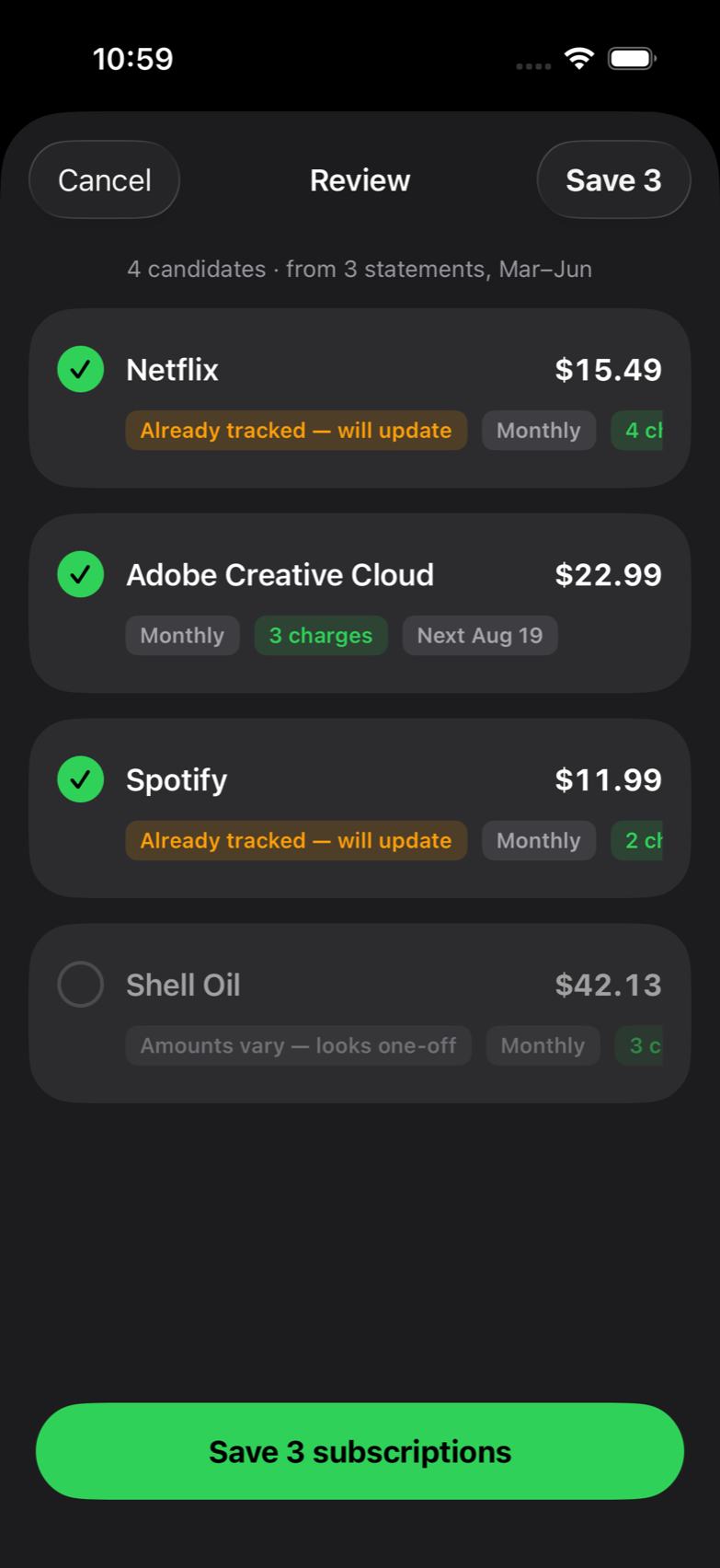 The review screen, with detected subscriptions, charge counts, and a deselected near-miss